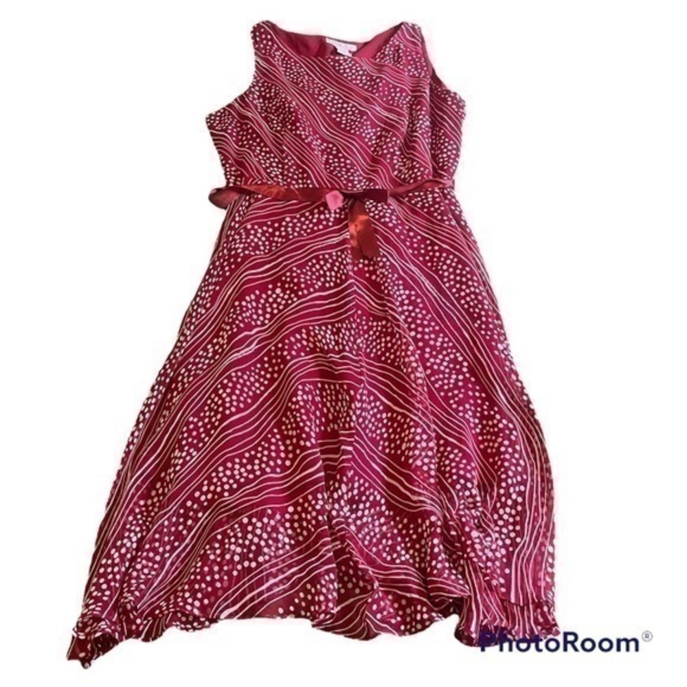 I. C. E. 100% silk burgundy striped and dotted dress with ribbon bow